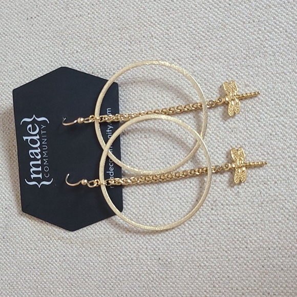 Made Community Golden Colored Hoop Earings with Dragonfly Dangle - Picture 1 of 4